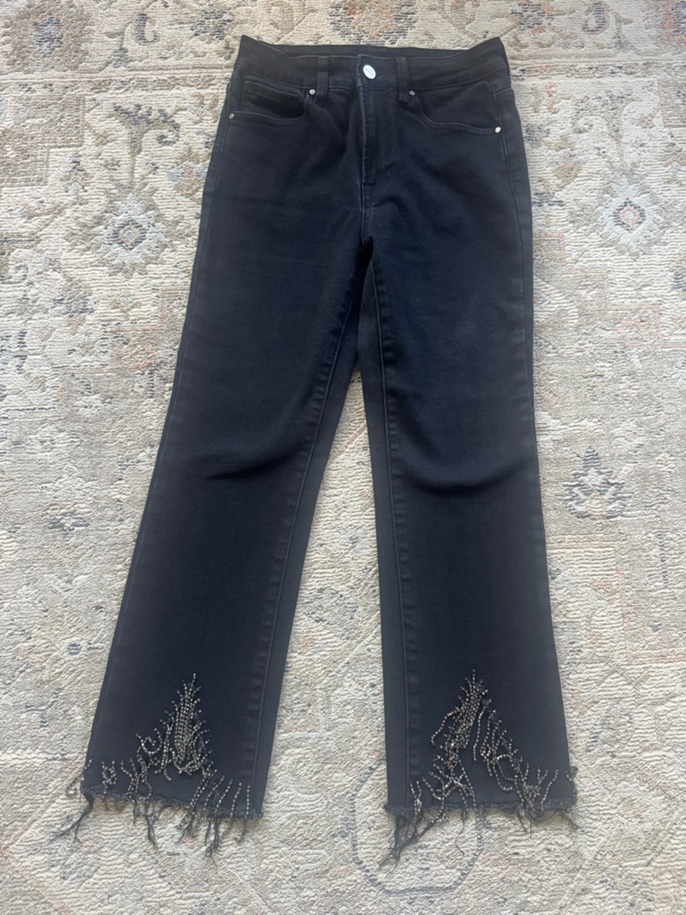 Black Cropped Jeans with Embellished Frayed Hem